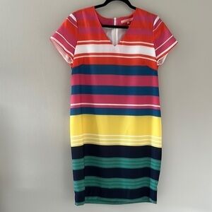 Vilagallo Multi Colored V-Neck Striped Dress Size 8 Preppy Resortwear Office
